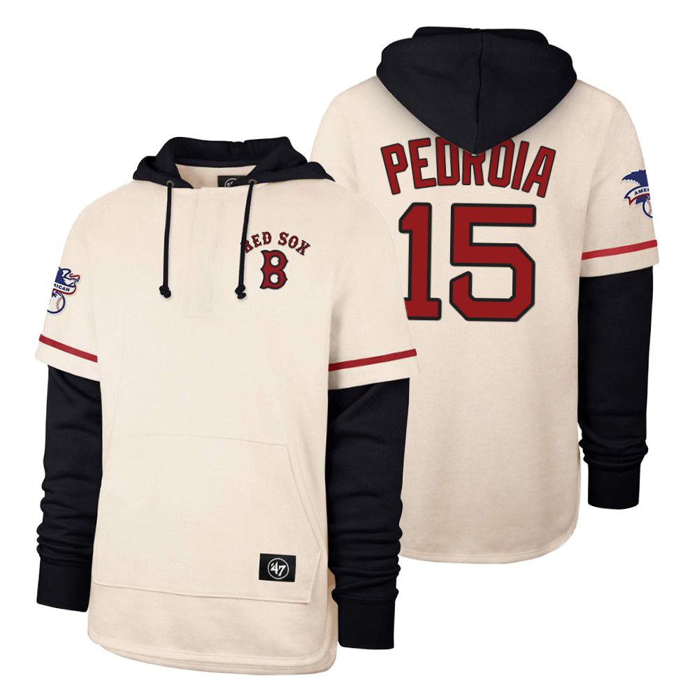 Men Boston Red Sox #15 Pedroia Cream 2021 Pullover Hoodie MLB Jersey